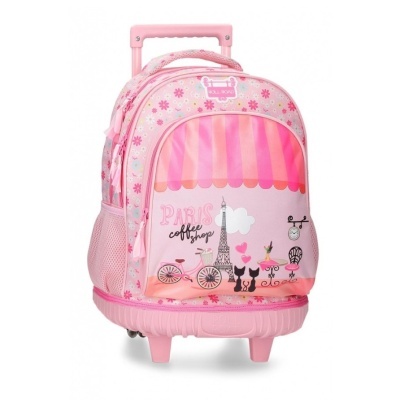 Mochila escolar rosa com estampa de café em Paris e bicicleta