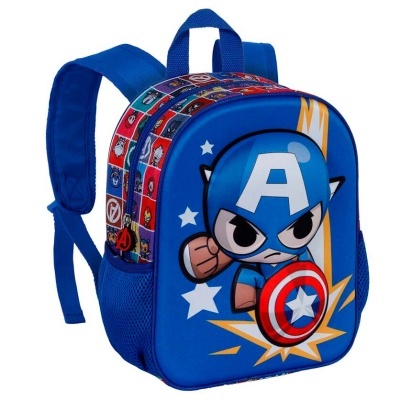 Mochila azul com desenho do Capitão América em estilo cartoon