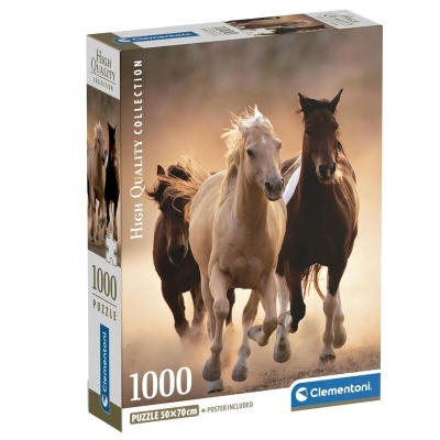 Caixa de puzzle com imagem de três cavalos a correr em fundo natural.
