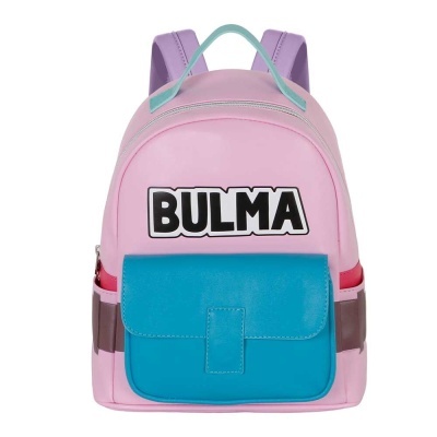 Mochila rosa com bolso azul e nome BULMA