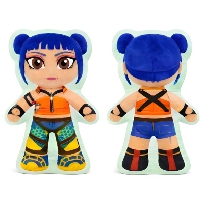 almofada peluche dupla face com design de boneca de cabelo azul e roupa colorida
