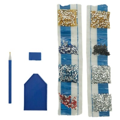 Kit para pintura de diamantes com pedras brilhantes em várias cores e ferramentas de aplicação em azul.