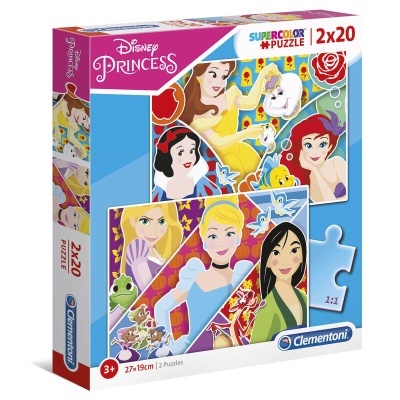 Embalagem de puzzle Disney Princess Clementoni com personagens animadas e 2 puzzles de 20 peças