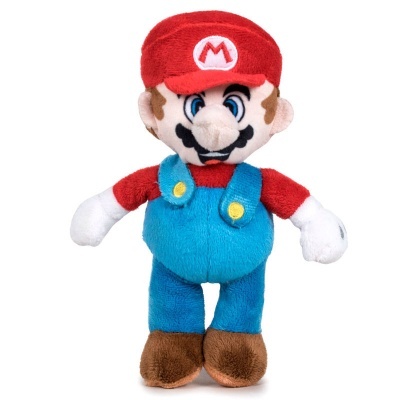 Boneco de peluche de personagem de videojogo com fato azul e boné vermelho