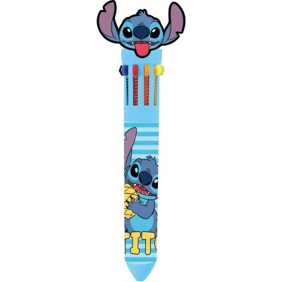 Caneta azul com design do personagem Stitch e quatro cores de tinta
