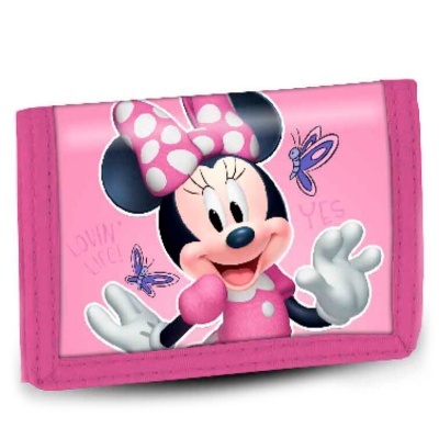 Carteira infantil rosa com estampa da Minnie Mouse e borboletas
