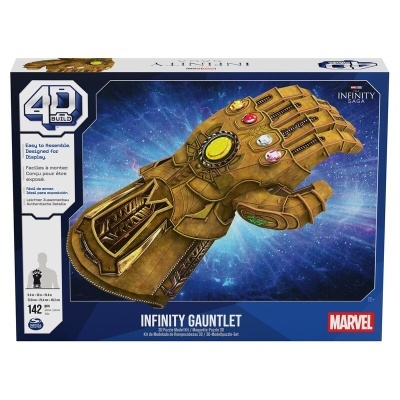 Caixa do kit 4D Build do Infinity Gauntlet da Marvel com a imagem da luva dourada e pedras coloridas