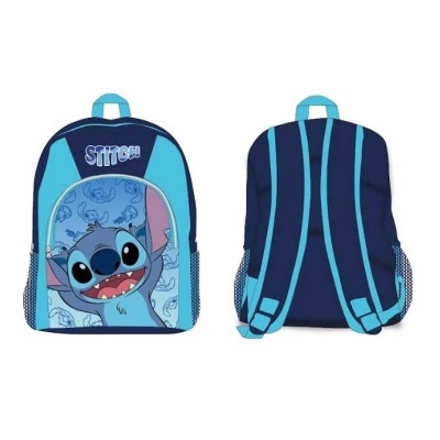 Mochila azul com personagem Stitch da Disney e texto STITCH
