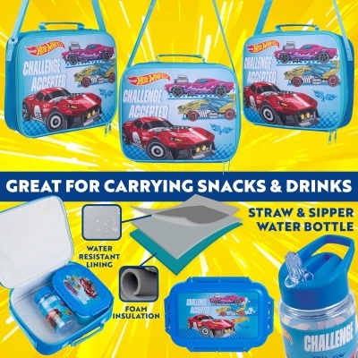 Conjunto Hot Wheels com bolsa térmica azul e garrafa de água
