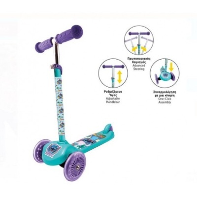 Scooter infantil azul turquesa e roxo com três rodas e desenho animado