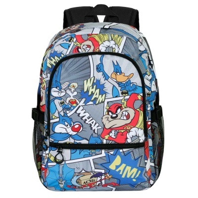 Mochila colorida com personagens Looney Tunes em estilo banda desenhada e palavras WHAM, WHAX, BAM
