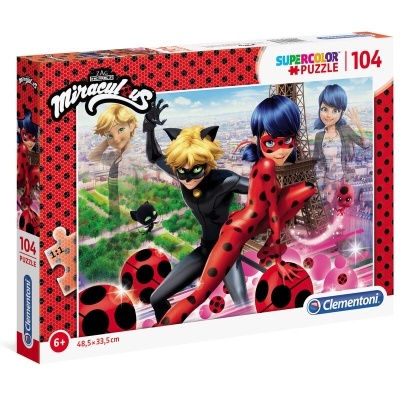 Caixa de puzzle Miraculous com 104 peças com personagens Ladybug e Cat Noir em fundo da Torre Eiffel.
