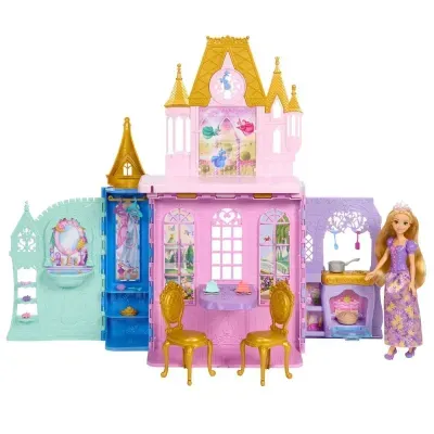 Casinha de brinquedo rosa e lilás com mobília e boneca