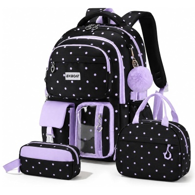 Mochila, estojo e bolsa de mão pretos com bolinhas lilás e detalhes lilás