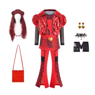 Conjunto de roupa infantil vermelha com acessórios incluindo peruca, bolsa, brincos, colar e meia