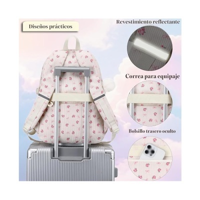Mochila branca com flores cor-de-rosa e correia para mala