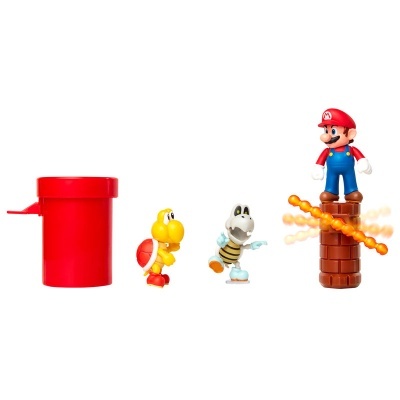Figuras de brinquedo Super Mario com tubo vermelho, tartarugas e Mario em base castanha