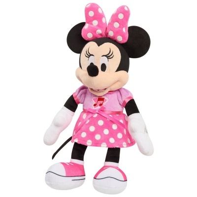 Boneca de pelúcia Minnie Mouse com vestido rosa de bolinhas brancas e laço