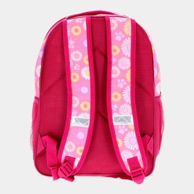Mochila cor-de-rosa com alças floridas acolchoadas e detalhes reflectores