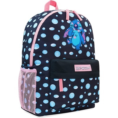 Mochila preta com bolas azuis, detalhes rosa, bolso frontal e imagem do Stitch