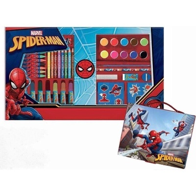 Conjunto de desenho Spider-Man com materiais e estojo decorados em azul e vermelho