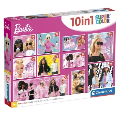 Caixa de puzzle Barbie 10 em 1 com imagens coloridas de bonecas e logo Clementoni
