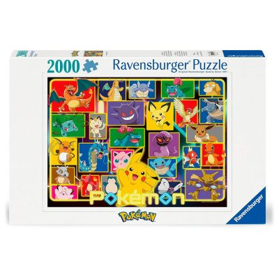 Caixa de quebra-cabeças Ravensburger Puzzle 2000 peças, tema Pokémon com vários personagens ilustrados.