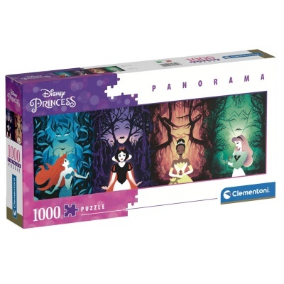 Caixa de puzzle panorama de 1000 peças Disney Princess da marca Clementoni com imagem de quatro princesas estilizadas em fundo com árvores.