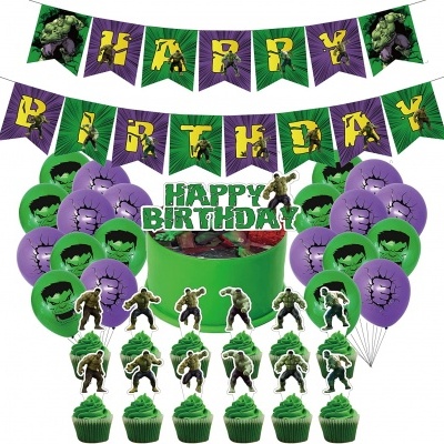 Decoração de festa do Hulk com bandeirolas, balões, topo de bolo e cupcakes