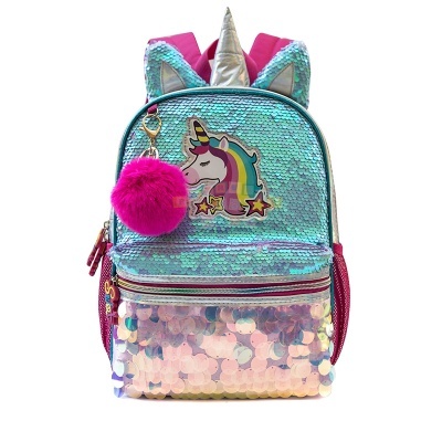 Mochila infantil azul com lantejoulas e unicórnio com pendente pompom cor-de-rosa