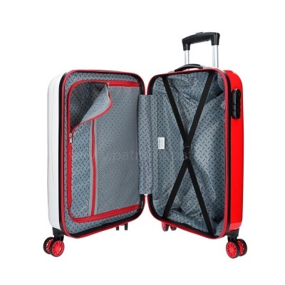 Mala rígida vermelha com interior cinza e padrão geométrico aberta