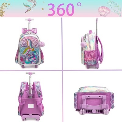 Mochila de rodas rosa com estampa de unicórnio vista de vários ângulos