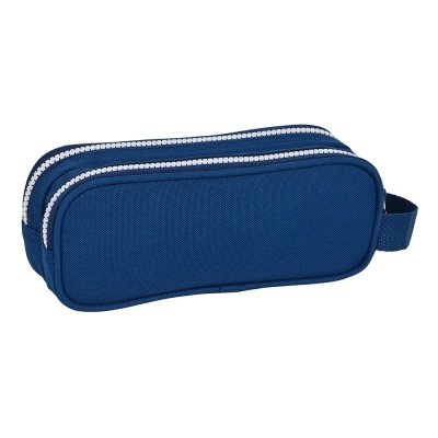 Estojo rectangular azul com dois compartimentos e fechos éclair cinzentos