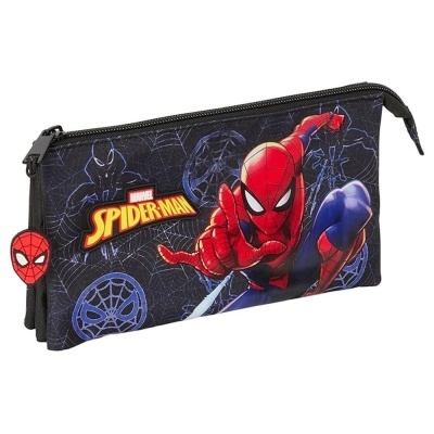 Estojo escolar preto com imagem do Spider-Man e padrão de teias de aranha.