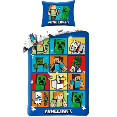 Roupa de cama azul com personagens Minecraft pixelizados e texto MINECRAFT