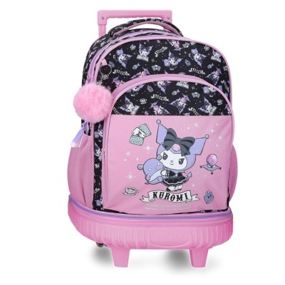 Mochila escolar rosa e preta Kuromi com carrinho e pompom cor-de-rosa