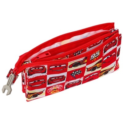 Porta lápis vermelho com padrão do filme 'Cars' e zíper com puxador de chave inglesa