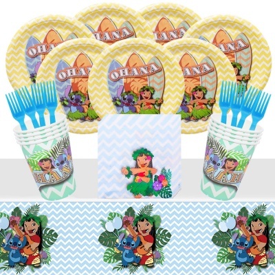 Conjunto de artigos de festa Ohana com pratos, copos, guardanapo e talheres coloridos