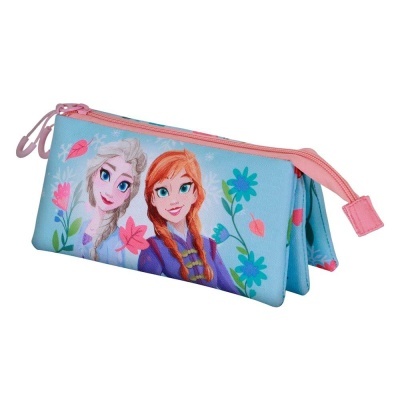 Estojo escolar azul claro com personagens da Frozen e fecho rosa.