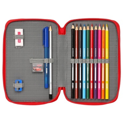 Estojo aberto com material escolar colorido organizado