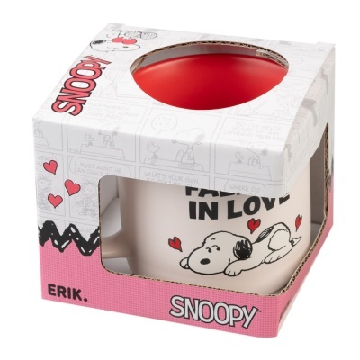 Caneca de cerâmica Snoopy com corações vermelhos na embalagem