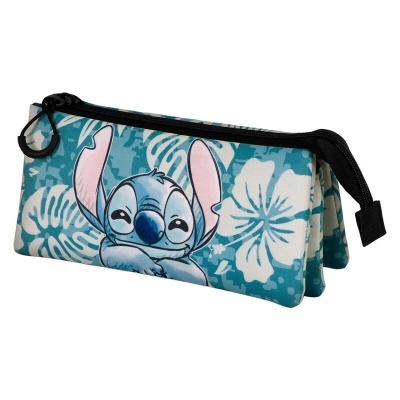 Estojo escolar azul com padrão de flores brancas e personagem Stitch