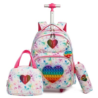 Conjunto mochila de carrinho, mala de mão e estojo com padrão tie-dye e corações coloridos