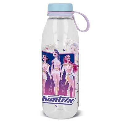 Garrafa de água transparente com personagens animadas e tampa azul