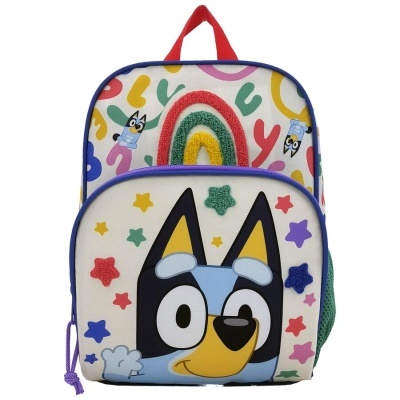 Mochila infantil com personagem de desenho animado e arco-íris bordado colorido