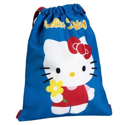 Saco azul com personagem Hello Kitty e texto Hello Kitty