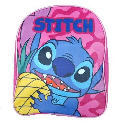 Mochila infantil cor-de-rosa com estampa do Stitch segurando um abacaxi