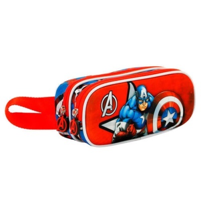 Estojo vermelho e azul com estampa do Capitão América e símbolo dos Avengers