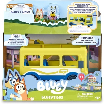 Brinquedo autocarro amarelo e azul Bluey com embalagem colorida e personagens animados
