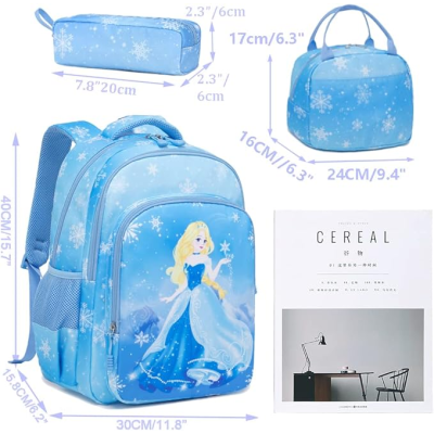 Conjunto mochila, saco térmico e estojo azuis com estampado de flocos de neve e princesa
